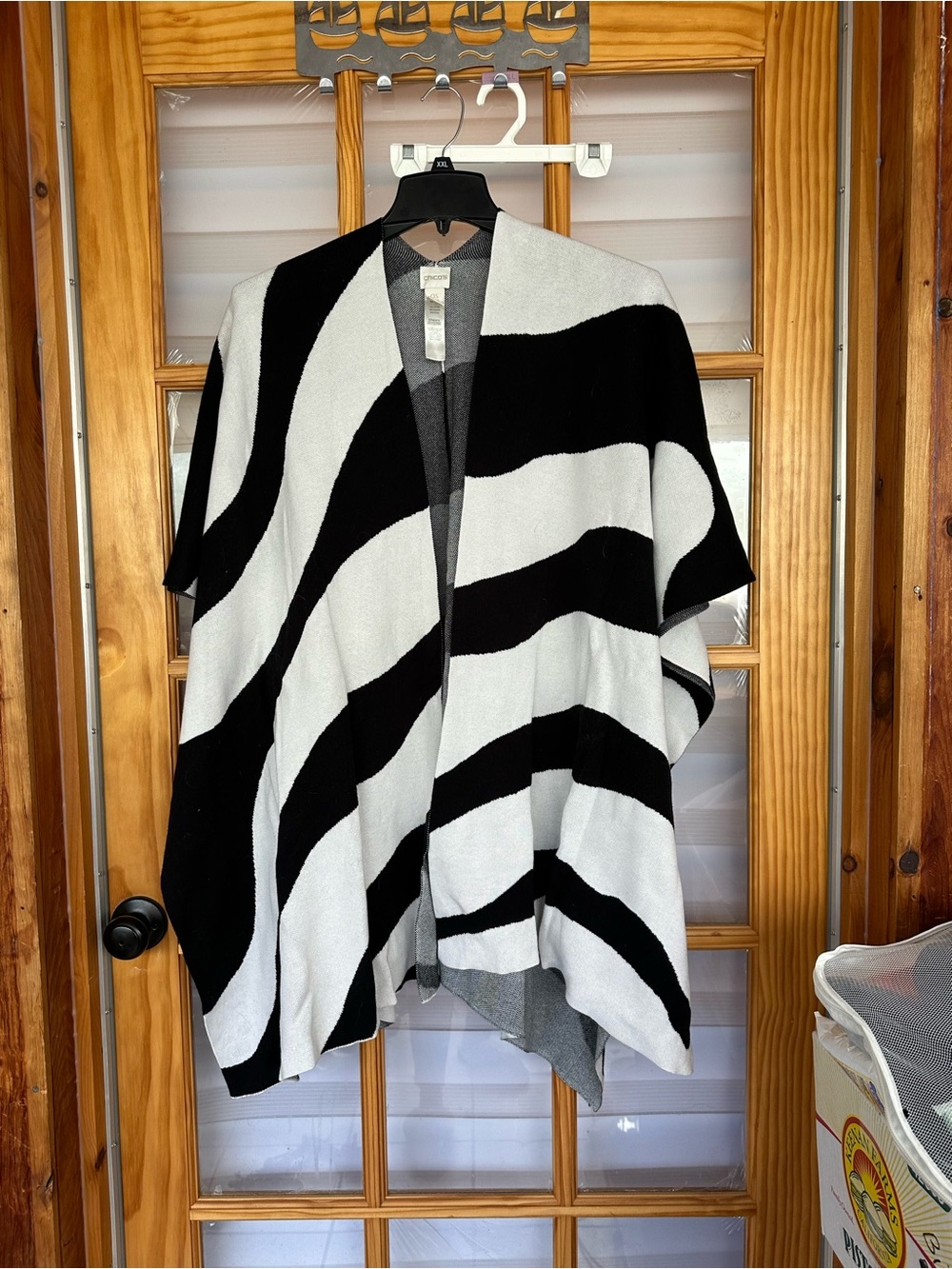 Chico's Black and White Striped Open-Front Poncho Sweater